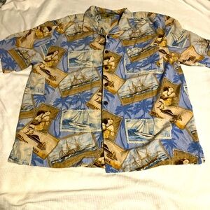 Seven palm Hawaiian shirt 100% silk short sleeve button down postcards & stamps